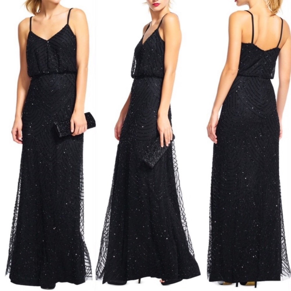 Adrianna Papell Blouson Black beaded long Dress - Picture 3 of 12